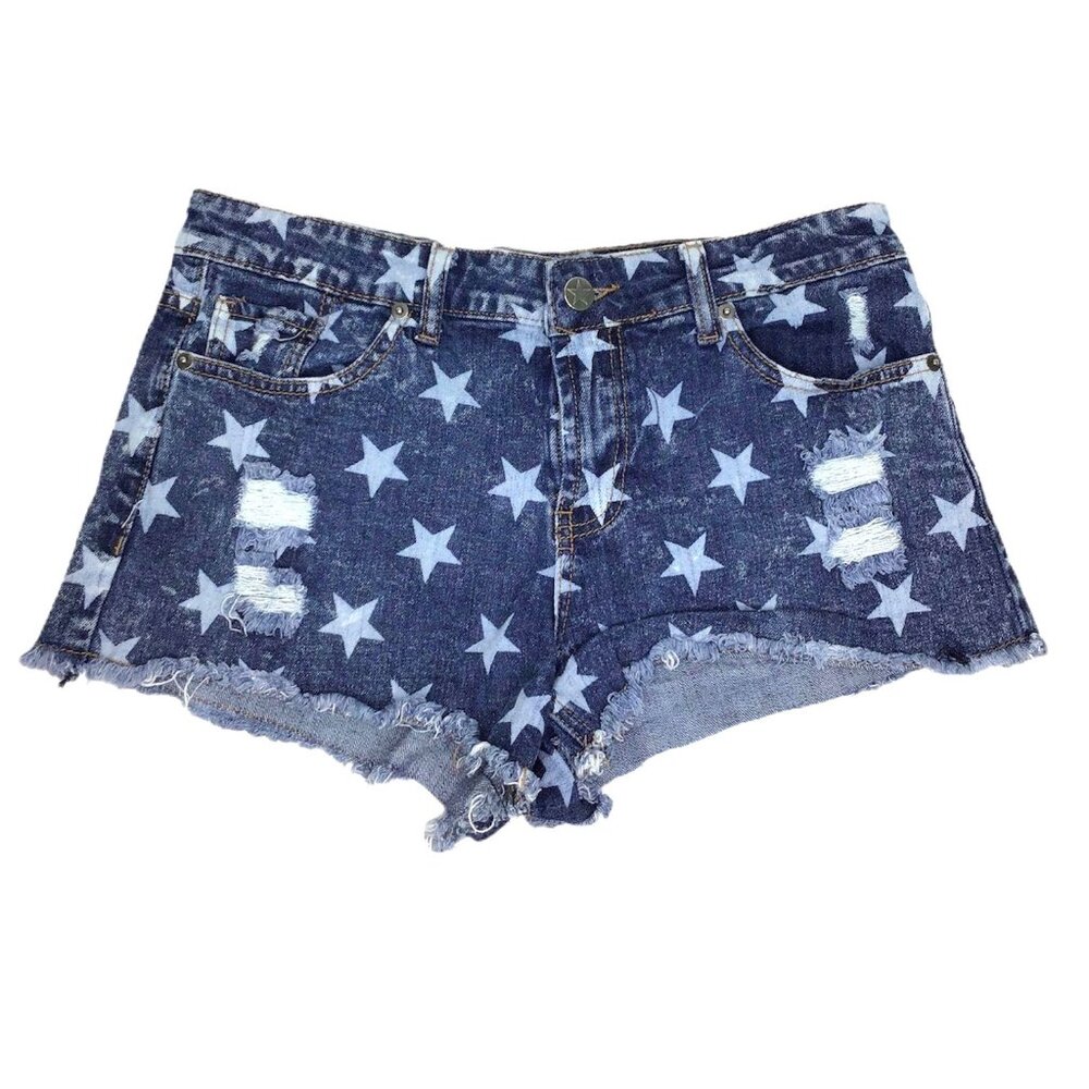 rue21 Womens 7/8 Denim Cutoff Jean Shorts Stars Distressed 3" Inseam Pockets